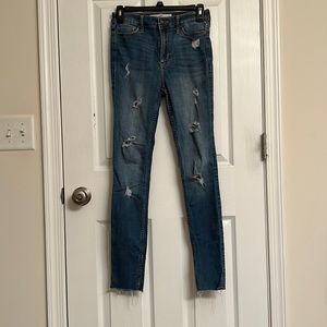 Hollister High Rise Super Skinny Ripped Blue Jeans Cotton-Blend Size W 25 L 30